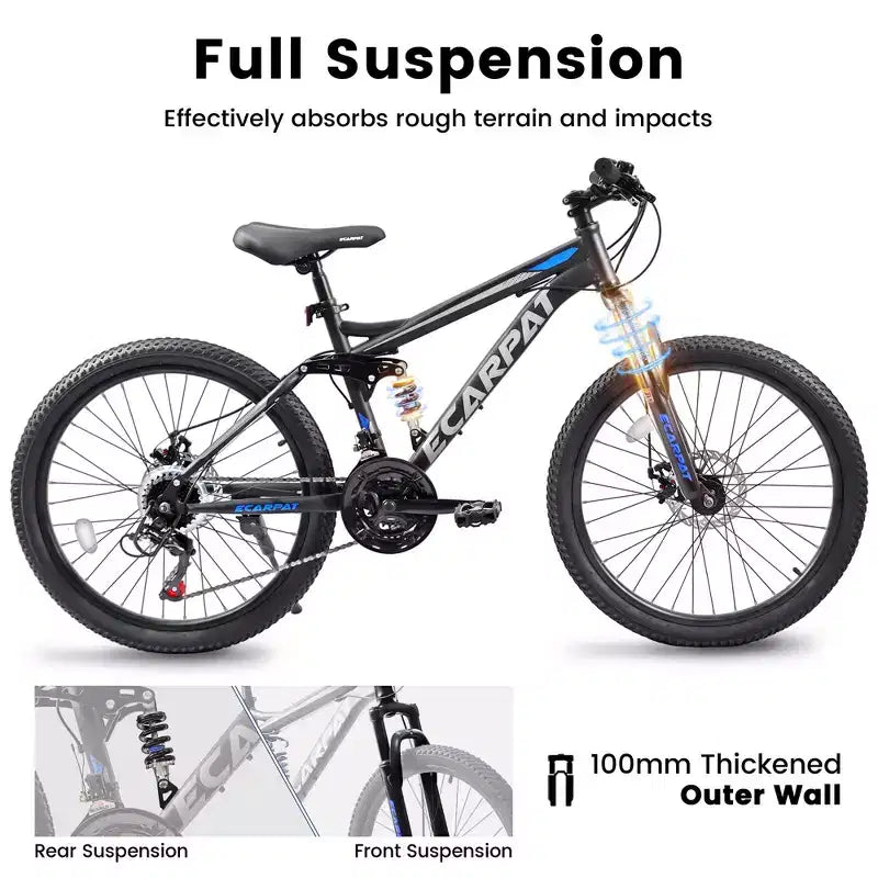 Bicicleta de montaña Okak de 24 pulgadas de acero al carbono con suspensión completa, bicicleta para hombre con palanca de cambios de 21 velocidades y frenos de disco, bicicleta para niños y adultos