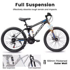 Bicicleta de montaña Okak de 24 pulgadas de acero al carbono con suspensión completa, bicicleta para hombre con palanca de cambios de 21 velocidades y frenos de disco, bicicleta para niños y adultos