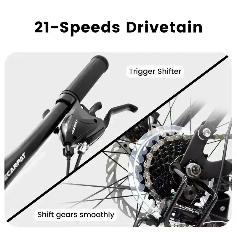 Bicicleta de montaña Okak de 24 pulgadas de acero al carbono con suspensión completa, bicicleta para hombre con palanca de cambios de 21 velocidades y frenos de disco, bicicleta para niños y adultos