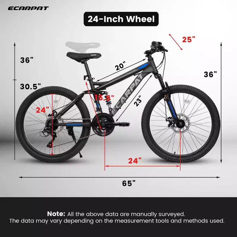 Bicicleta de montaña Okak de 24 pulgadas de acero al carbono con suspensión completa, bicicleta para hombre con palanca de cambios de 21 velocidades y frenos de disco, bicicleta para niños y adultos