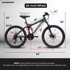Bicicleta de montaña Okak de 24 pulgadas de acero al carbono con suspensión completa, bicicleta para hombre con palanca de cambios de 21 velocidades y frenos de disco, bicicleta para niños y adultos