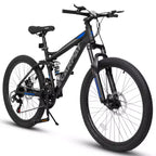 Bicicleta de montaña Okak de 24 pulgadas de acero al carbono con suspensión completa, bicicleta para hombre con palanca de cambios de 21 velocidades y frenos de disco, bicicleta para niños y adultos