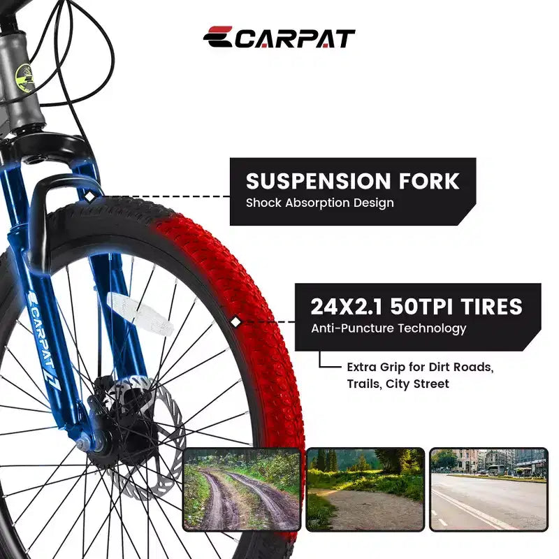 Bicicleta de montaña Okak de 24 pulgadas con cuadro de acero, bicicleta para niños con Shimano de 21 velocidades, frenos de disco dobles y suspensión delantera, bicicleta para adolescentes