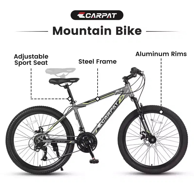Bicicleta de montaña Okak de 24 pulgadas con cuadro de acero, bicicleta para niños con Shimano de 21 velocidades, frenos de disco dobles y suspensión delantera, bicicleta para adolescentes