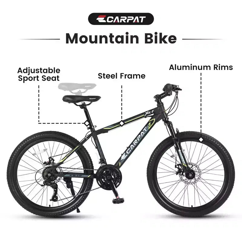 Bicicleta de montaña Okak de 24 pulgadas con cuadro de acero, bicicleta para niños con Shimano de 21 velocidades, frenos de disco dobles y suspensión delantera, bicicleta para adolescentes