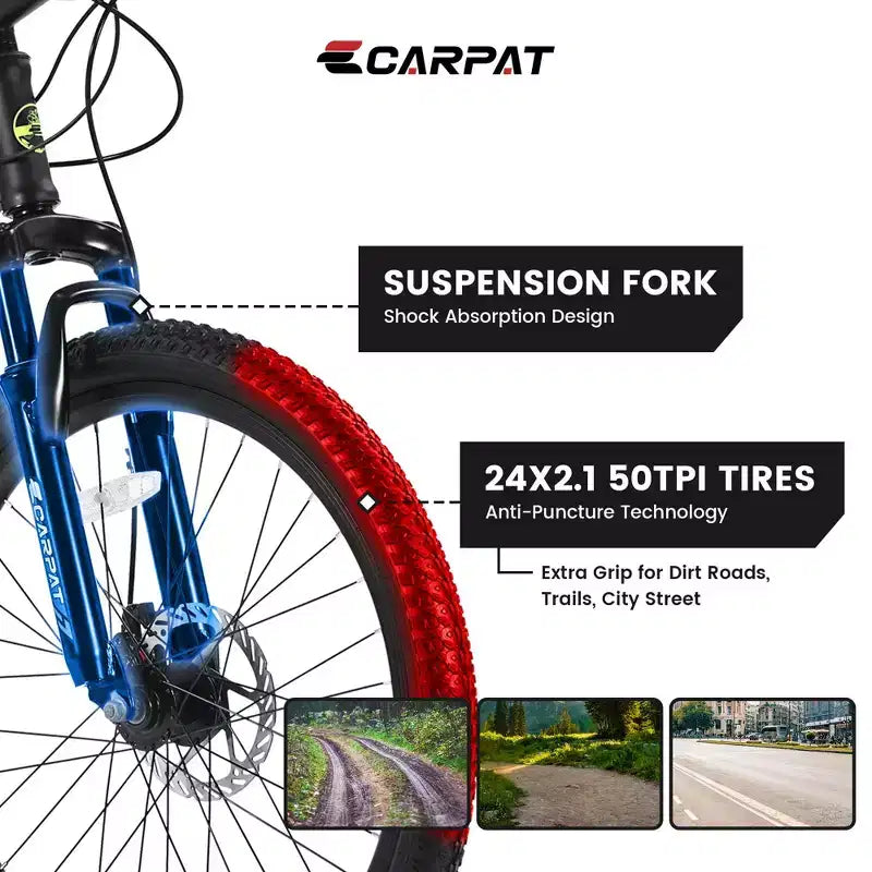 Bicicleta de montaña Okak de 24 pulgadas con cuadro de acero, bicicleta para niños con Shimano de 21 velocidades, frenos de disco dobles y suspensión delantera, bicicleta para adolescentes