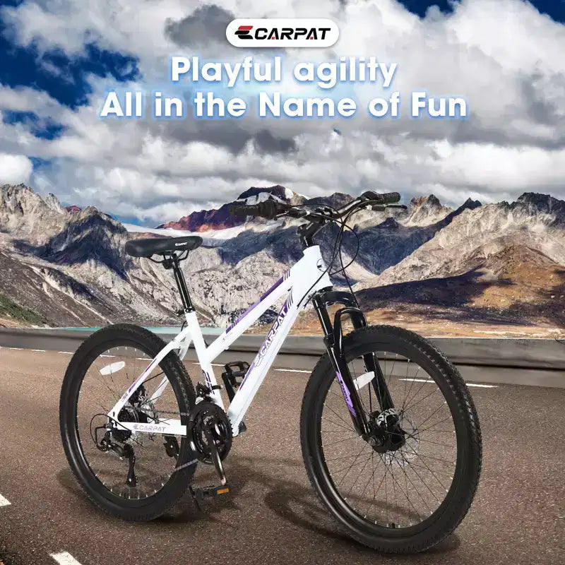 Bicicleta de montaña Okak 24/26IN con 21 velocidades y doble freno de disco, bicicleta para niños con suspensión delantera de 100 mm, bicicleta de tierra para adolescentes y mujeres