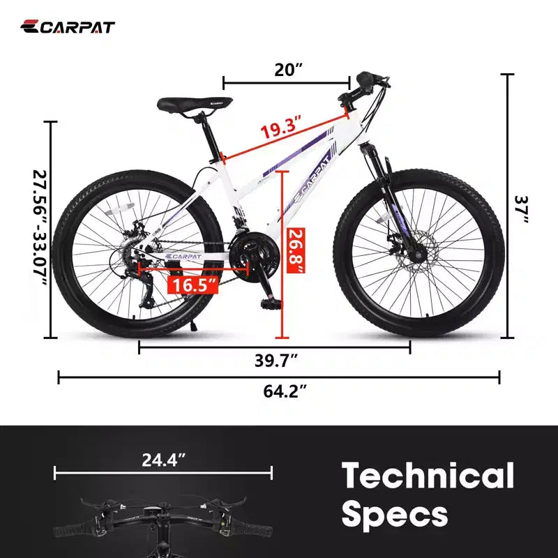 Bicicleta de montaña Okak 24/26IN con 21 velocidades y doble freno de disco, bicicleta para niños con suspensión delantera de 100 mm, bicicleta de tierra para adolescentes y mujeres