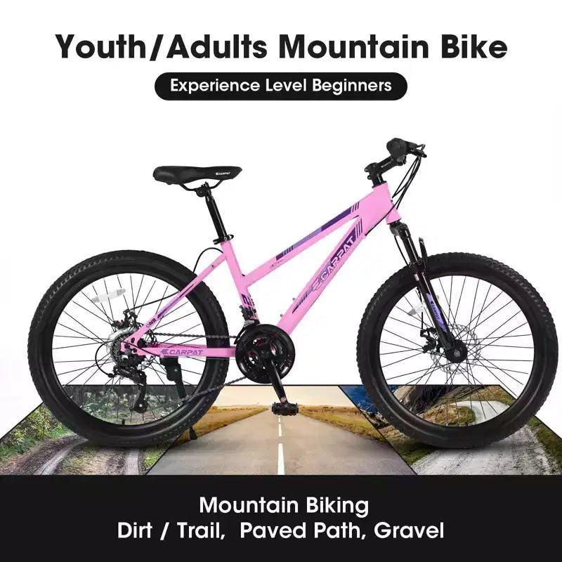 Bicicleta de montaña Okak 24/26IN con 21 velocidades y doble freno de disco, bicicleta para niños con suspensión delantera de 100 mm, bicicleta de tierra para adolescentes y mujeres