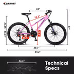Bicicleta de montaña Okak 24/26IN con 21 velocidades y doble freno de disco, bicicleta para niños con suspensión delantera de 100 mm, bicicleta de tierra para adolescentes y mujeres