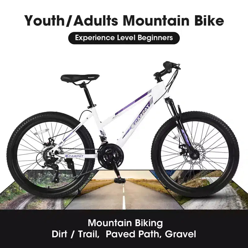 Bicicleta de montaña Okak 24/26IN con 21 velocidades y doble freno de disco, bicicleta para niños con suspensión delantera de 100 mm, bicicleta de tierra para adolescentes y mujeres