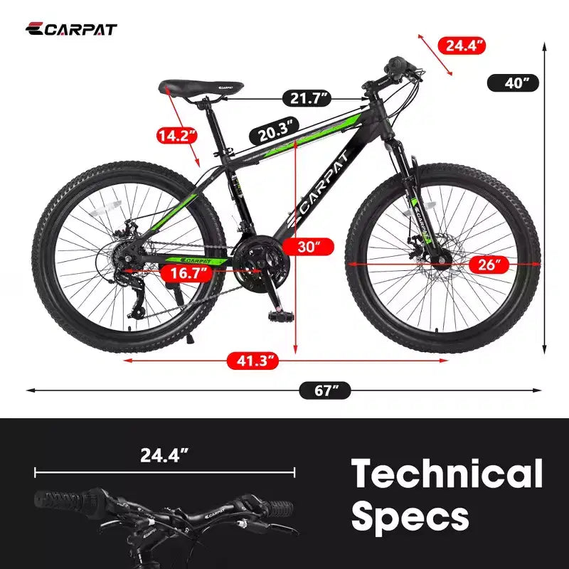 Bicicleta de montaña Okak de 26 pulgadas con 21 velocidades y frenos de disco, bicicleta de tierra para niños con cuadro de acero de alto carbono, bicicleta para hombres, adultos y adolescentes