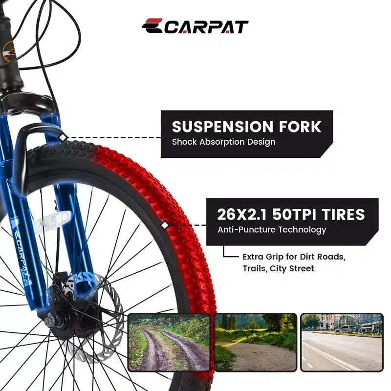 Bicicleta de montaña Okak de 26 pulgadas con 21 velocidades y frenos de disco, bicicleta de tierra para niños con cuadro de acero de alto carbono, bicicleta para hombres, adultos y adolescentes