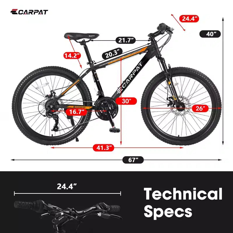 Bicicleta de montaña Okak de 26 pulgadas con 21 velocidades y frenos de disco, bicicleta de tierra para niños con cuadro de acero de alto carbono, bicicleta para hombres, adultos y adolescentes