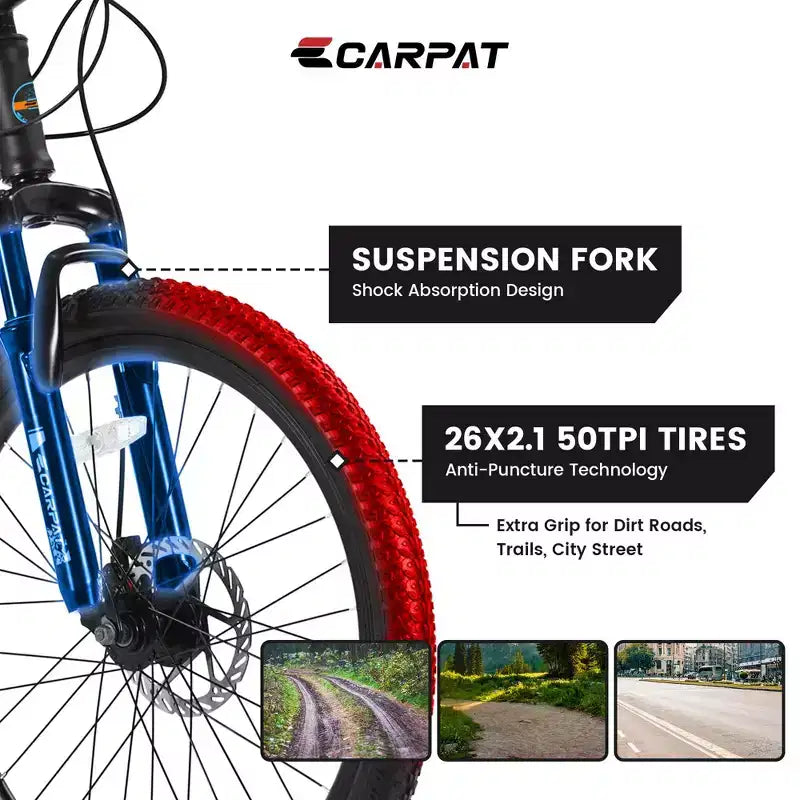 Bicicleta de montaña Okak de 26 pulgadas con 21 velocidades y frenos de disco, bicicleta de tierra para niños con cuadro de acero de alto carbono, bicicleta para hombres, adultos y adolescentes