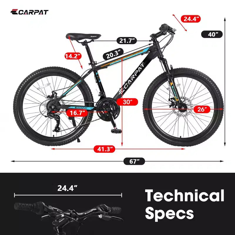 Bicicleta de montaña Okak de 26 pulgadas con 21 velocidades y frenos de disco, bicicleta de tierra para niños con cuadro de acero de alto carbono, bicicleta para hombres, adultos y adolescentes