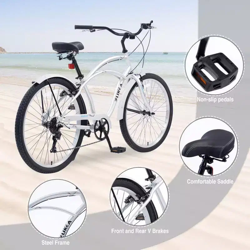 Bicicleta de paseo Okak de 26 pulgadas con sistema de 7 velocidades, bicicleta para hombre con frenos V delanteros y traseros, bicicleta con cuadro de metal para adolescentes y adultos