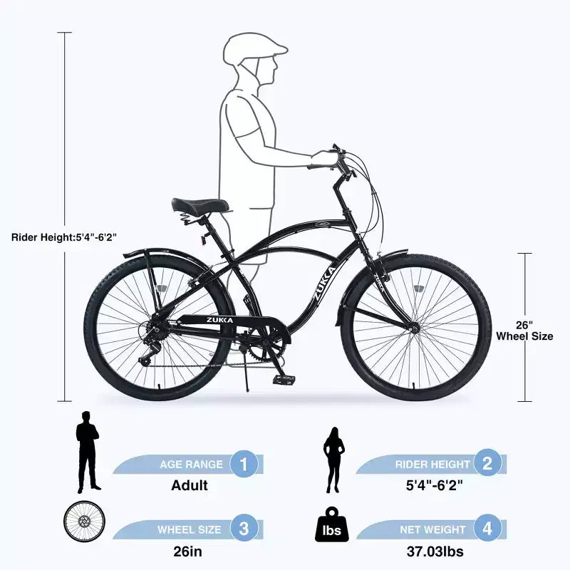 Bicicleta de paseo Okak de 26 pulgadas con sistema de 7 velocidades, bicicleta para hombre con frenos V delanteros y traseros, bicicleta con cuadro de metal para adolescentes y adultos