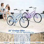 Bicicleta de mujer Okak 26IN con 7 velocidades, bicicleta de crucero de playa con doble freno en V y sillín acolchado, bicicleta para adultos para viajes diarios, paseos, montaña