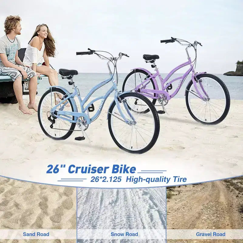 Bicicleta de mujer Okak 26IN con 7 velocidades, bicicleta de crucero de playa con doble freno en V y sillín acolchado, bicicleta para adultos para viajes diarios, paseos, montaña