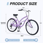 Bicicleta de mujer Okak 26IN con 7 velocidades, bicicleta de crucero de playa con doble freno en V y sillín acolchado, bicicleta para adultos para viajes diarios, paseos, montaña