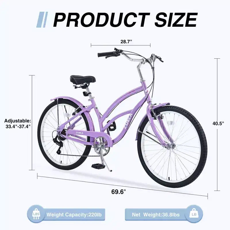 Bicicleta de mujer Okak 26IN con 7 velocidades, bicicleta de crucero de playa con doble freno en V y sillín acolchado, bicicleta para adultos para viajes diarios, paseos, montaña