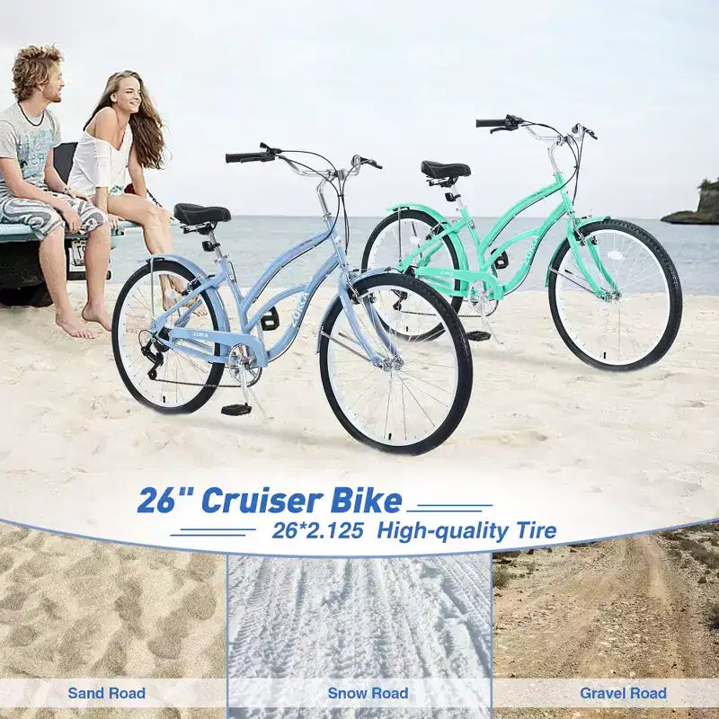 Bicicleta de mujer Okak 26IN con 7 velocidades, bicicleta de crucero de playa con doble freno en V y sillín acolchado, bicicleta para adultos para viajes diarios, paseos, montaña