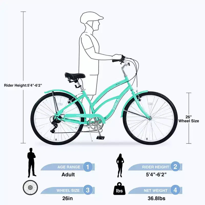 Bicicleta de mujer Okak 26IN con 7 velocidades, bicicleta de crucero de playa con doble freno en V y sillín acolchado, bicicleta para adultos para viajes diarios, paseos, montaña