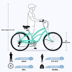 Bicicleta de mujer Okak 26IN con 7 velocidades, bicicleta de crucero de playa con doble freno en V y sillín acolchado, bicicleta para adultos para viajes diarios, paseos, montaña