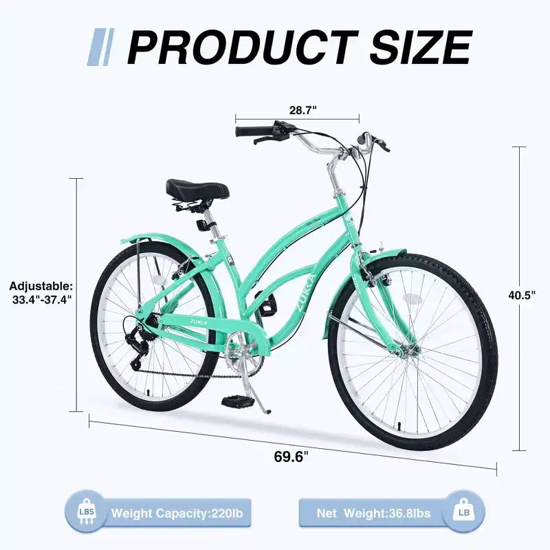 Bicicleta de mujer Okak 26IN con 7 velocidades, bicicleta de crucero de playa con doble freno en V y sillín acolchado, bicicleta para adultos para viajes diarios, paseos, montaña
