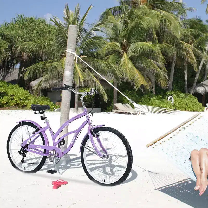 Bicicleta de mujer Okak 26IN con 7 velocidades, bicicleta de crucero de playa con doble freno en V y sillín acolchado, bicicleta para adultos para viajes diarios, paseos, montaña