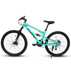 Bicicleta de montaña Okak de 26 pulgadas con amortiguador delantero y trasero, bicicleta de 21 velocidades para adultos con cuadro de acero, bicicleta para hombres, adolescentes y adultos, azul