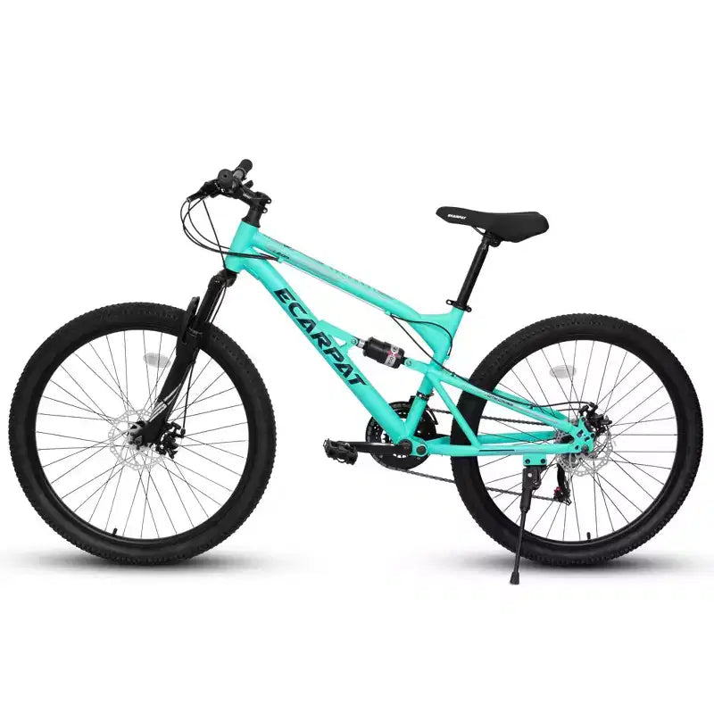 Bicicleta de montaña Okak de 26 pulgadas con amortiguador delantero y trasero, bicicleta de 21 velocidades para adultos con cuadro de acero, bicicleta para hombres, adolescentes y adultos, azul