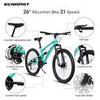 Bicicleta de montaña Okak de 26 pulgadas con amortiguador delantero y trasero, bicicleta de 21 velocidades para adultos con cuadro de acero, bicicleta para hombres, adolescentes y adultos, azul