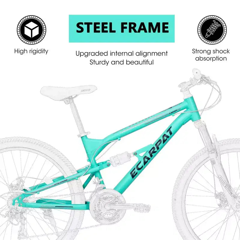 Bicicleta de montaña Okak de 26 pulgadas con amortiguador delantero y trasero, bicicleta de 21 velocidades para adultos con cuadro de acero, bicicleta para hombres, adolescentes y adultos, azul