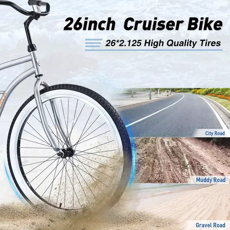 Okak Bicicletas Cruiser de Una Sola Velocidad de 26 pulgadas con Cuadro de Acero, Bicicleta para Adultos con Ruedas Anchas y Freno Contrapedal Trasero, Bicicleta para Hombres y Mujeres