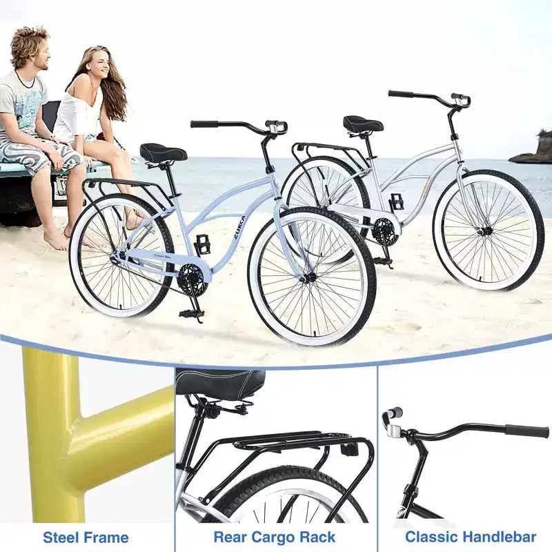 Okak Bicicletas Cruiser de Una Sola Velocidad de 26 pulgadas con Cuadro de Acero, Bicicleta para Adultos con Ruedas Anchas y Freno Contrapedal Trasero, Bicicleta para Hombres y Mujeres