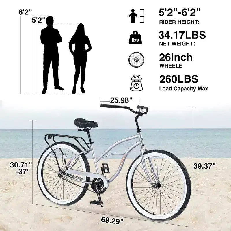 Okak Bicicletas Cruiser de Una Sola Velocidad de 26 pulgadas con Cuadro de Acero, Bicicleta para Adultos con Ruedas Anchas y Freno Contrapedal Trasero, Bicicleta para Hombres y Mujeres