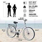Okak Bicicletas Cruiser de Una Sola Velocidad de 26 pulgadas con Cuadro de Acero, Bicicleta para Adultos con Ruedas Anchas y Freno Contrapedal Trasero, Bicicleta para Hombres y Mujeres