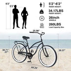 Okak Bicicletas Cruiser de Una Sola Velocidad de 26 pulgadas con Cuadro de Acero, Bicicleta para Adultos con Ruedas Anchas y Freno Contrapedal Trasero, Bicicleta para Hombres y Mujeres