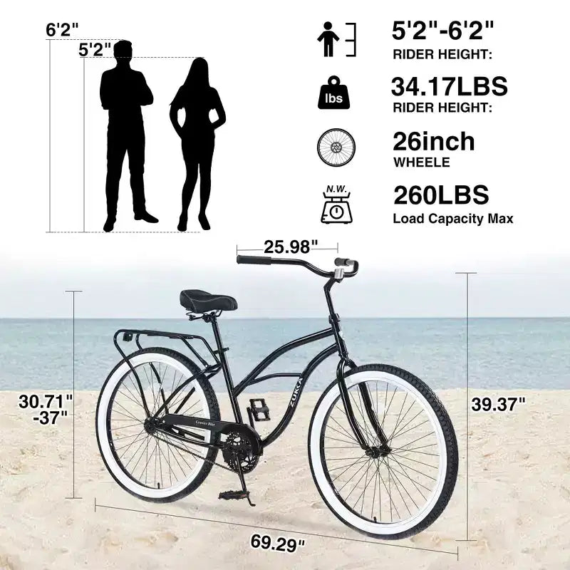 Okak Bicicletas Cruiser de Una Sola Velocidad de 26 pulgadas con Cuadro de Acero, Bicicleta para Adultos con Ruedas Anchas y Freno Contrapedal Trasero, Bicicleta para Hombres y Mujeres