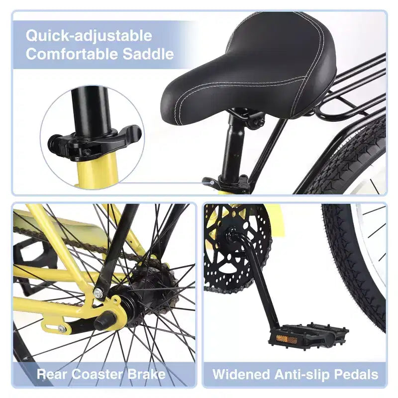 Okak Bicicletas Cruiser de Una Sola Velocidad de 26 pulgadas con Cuadro de Acero, Bicicleta para Adultos con Ruedas Anchas y Freno Contrapedal Trasero, Bicicleta para Hombres y Mujeres