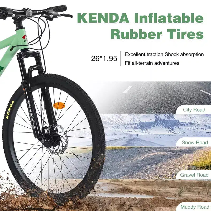 Bicicleta de adulto Okak de 26 pulgadas con 24 velocidades y horquilla de suspensión, bicicleta de montaña con neumáticos KENDA y freno de disco, bicicleta de neumáticos gruesos para hombres y mujeres