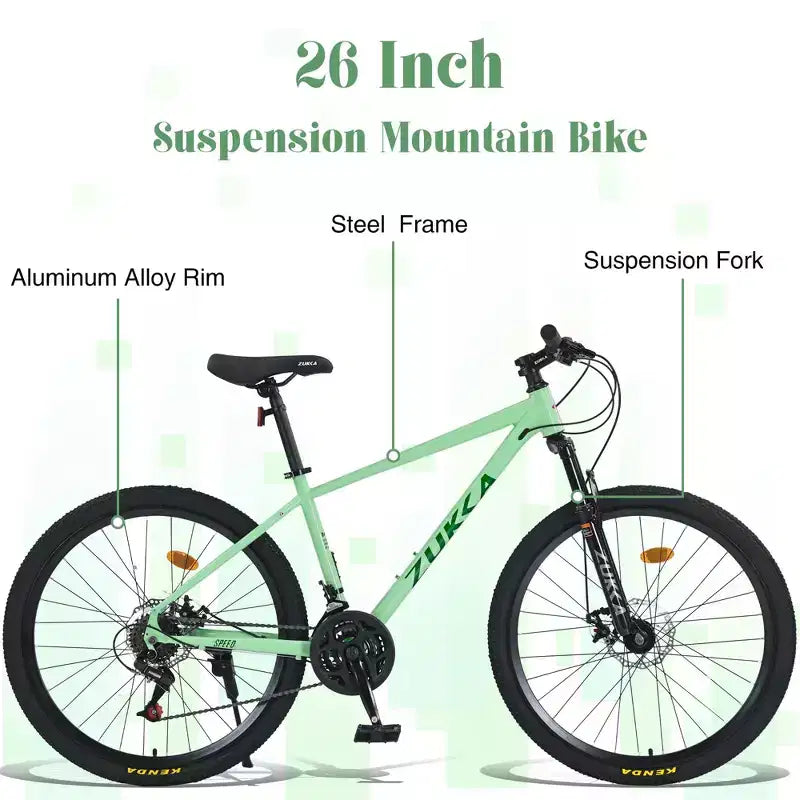 Bicicleta de adulto Okak de 26 pulgadas con 24 velocidades y horquilla de suspensión, bicicleta de montaña con neumáticos KENDA y freno de disco, bicicleta de neumáticos gruesos para hombres y mujeres