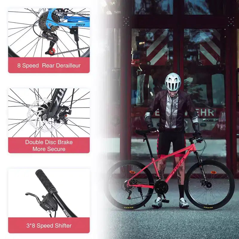 Bicicleta de adulto Okak de 26 pulgadas con 24 velocidades y horquilla de suspensión, bicicleta de montaña con neumáticos KENDA y freno de disco, bicicleta de neumáticos gruesos para hombres y mujeres