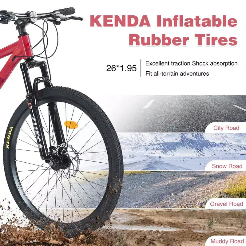 Bicicleta de adulto Okak de 26 pulgadas con 24 velocidades y horquilla de suspensión, bicicleta de montaña con neumáticos KENDA y freno de disco, bicicleta de neumáticos gruesos para hombres y mujeres