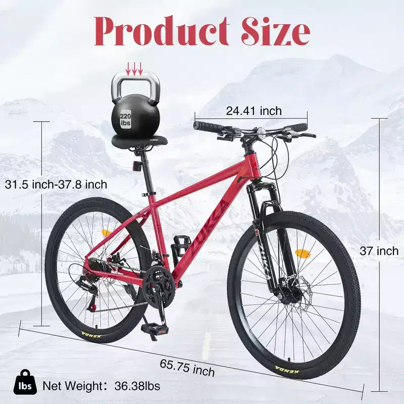 Bicicleta de adulto Okak de 26 pulgadas con 24 velocidades y horquilla de suspensión, bicicleta de montaña con neumáticos KENDA y freno de disco, bicicleta de neumáticos gruesos para hombres y mujeres