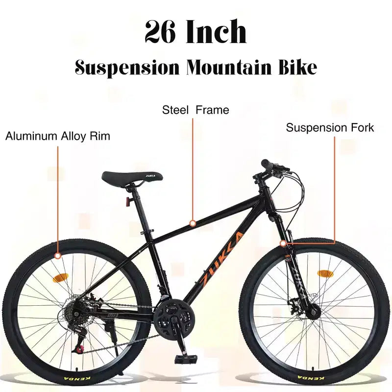 Bicicleta de adulto Okak de 26 pulgadas con 24 velocidades y horquilla de suspensión, bicicleta de montaña con neumáticos KENDA y freno de disco, bicicleta de neumáticos gruesos para hombres y mujeres