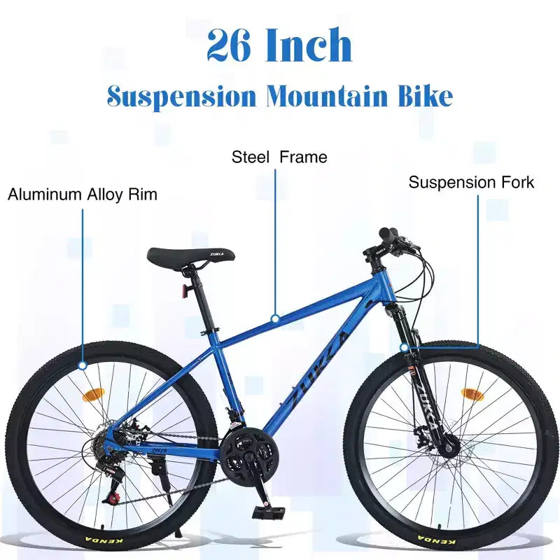 Bicicleta de adulto Okak de 26 pulgadas con 24 velocidades y horquilla de suspensión, bicicleta de montaña con neumáticos KENDA y freno de disco, bicicleta de neumáticos gruesos para hombres y mujeres