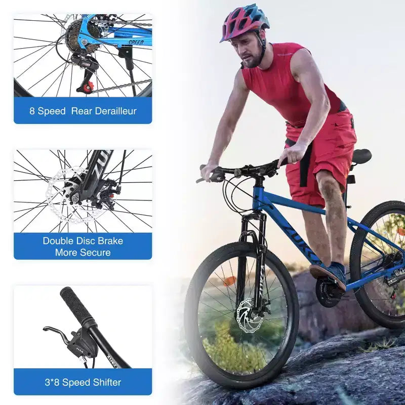 Bicicleta de adulto Okak de 26 pulgadas con 24 velocidades y horquilla de suspensión, bicicleta de montaña con neumáticos KENDA y freno de disco, bicicleta de neumáticos gruesos para hombres y mujeres